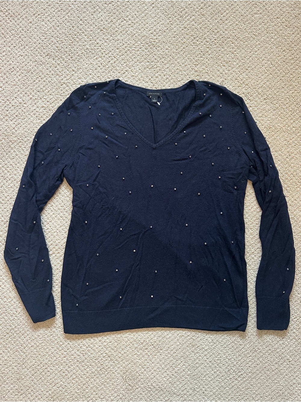 Ann Taylor Navy V-Neck Sweater with Rhinestones Size Large